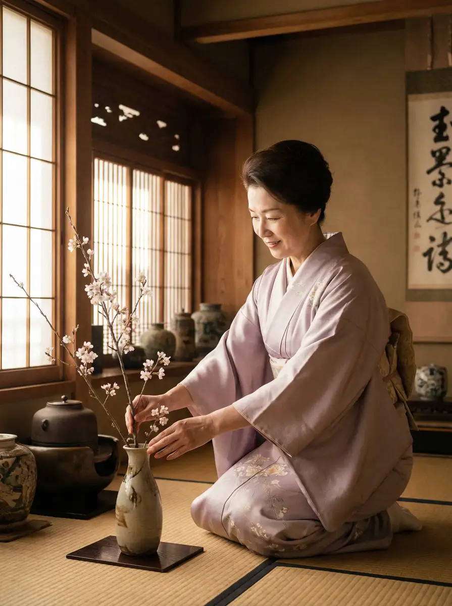 一位优雅的 她见青山by阿司匹林 在和室中插花